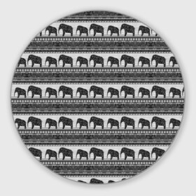 Коврик для мышки круглый с принтом Черно-белый узор слоны в Тюмени, резина и полиэстер | круглая форма, изображение наносится на всю лицевую часть | Тематика изображения на принте: африканский | монохромный узор | орнамент | полосы | серый | серый и черный | слоны | этнический