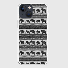 Чехол для iPhone 13 mini с принтом Черно белый узор слоны в Тюмени,  |  | африканский | монохромный узор | орнамент | полосы | серый | серый и черный | слоны | этнический