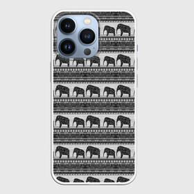 Чехол для iPhone 13 Pro с принтом Черно белый узор слоны в Тюмени,  |  | Тематика изображения на принте: африканский | монохромный узор | орнамент | полосы | серый | серый и черный | слоны | этнический