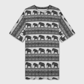 Платье-футболка 3D с принтом Черно белый узор слоны в Тюмени,  |  | Тематика изображения на принте: африканский | монохромный узор | орнамент | полосы | серый | серый и черный | слоны | этнический