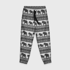 Детские брюки 3D с принтом Черно-белый узор слоны в Тюмени, 100% полиэстер | манжеты по низу, эластичный пояс регулируется шнурком, по бокам два кармана без застежек, внутренняя часть кармана из мелкой сетки | Тематика изображения на принте: африканский | монохромный узор | орнамент | полосы | серый | серый и черный | слоны | этнический