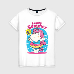 Женская футболка хлопок с принтом Девочка - единорог в Тюмени, 100% хлопок | прямой крой, круглый вырез горловины, длина до линии бедер, слегка спущенное плечо | бассейн | девочка | девушка | единорог | купание | лето