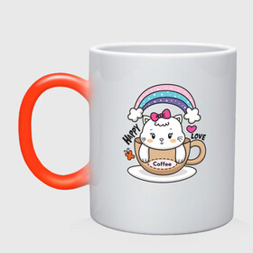 Кружка хамелеон с принтом Милая кошечка в чашке кофе в Тюмени, керамика | меняет цвет при нагревании, емкость 330 мл | кот | котик | котята | кофе | кошечка | кошка | радуга | чашка кофе