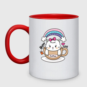 Кружка двухцветная с принтом Милая кошечка в чашке кофе в Тюмени, керамика | объем — 330 мл, диаметр — 80 мм. Цветная ручка и кайма сверху, в некоторых цветах — вся внутренняя часть | кот | котик | котята | кофе | кошечка | кошка | радуга | чашка кофе