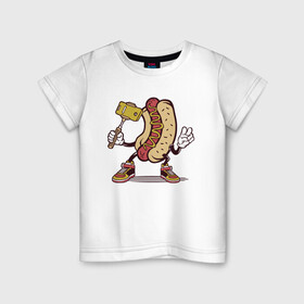 Детская футболка хлопок с принтом Хотдог сэлфи в Тюмени, 100% хлопок | круглый вырез горловины, полуприлегающий силуэт, длина до линии бедер | Тематика изображения на принте: еда | прикол | сосиска | сосиска в тесте | сэлфи | фотка | хот дог | хотдог