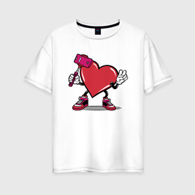 Женская футболка хлопок Oversize с принтом Сердечко сэлфи в Тюмени, 100% хлопок | свободный крой, круглый ворот, спущенный рукав, длина до линии бедер
 | peace | selfi | мир | сердечко | сердце | сэлфи | фотка