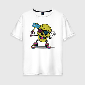 Женская футболка хлопок Oversize с принтом Череп сэлфи в Тюмени, 100% хлопок | свободный крой, круглый ворот, спущенный рукав, длина до линии бедер
 | peace | selfi | мир | скелет | сэлфи | фотка | череп | черепушка