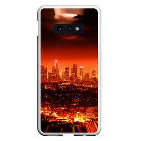 Чехол для Samsung S10E с принтом Закат в Нью Йорке в Тюмени, Силикон | Область печати: задняя сторона чехла, без боковых панелей | Тематика изображения на принте: город | закат | красный | луна | мегаполис | месяц | нью йорк | яркий