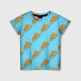 Детская футболка 3D с принтом Пицца паттерн на голубом в Тюмени, 100% гипоаллергенный полиэфир | прямой крой, круглый вырез горловины, длина до линии бедер, чуть спущенное плечо, ткань немного тянется | еда | итальянская кухня | кусок пиццы | паттерн | пицца | пицца пепперони | пицца с колбасой и сыром | слайс | фаст фуд