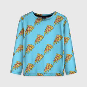 Детский лонгслив 3D с принтом Пицца паттерн на голубом в Тюмени, 100% полиэстер | длинные рукава, круглый вырез горловины, полуприлегающий силуэт
 | еда | итальянская кухня | кусок пиццы | паттерн | пицца | пицца пепперони | пицца с колбасой и сыром | слайс | фаст фуд