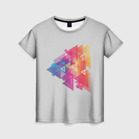 Женская футболка 3D с принтом Цветные треугольники в Тюмени, 100% полиэфир ( синтетическое хлопкоподобное полотно) | прямой крой, круглый вырез горловины, длина до линии бедер | искусство | прямоугольник | пурпурный | симметрия | треугольник | цвет