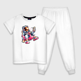 Детская пижама хлопок с принтом Космонавт на реклаксе в Тюмени, 100% хлопок |  брюки и футболка прямого кроя, без карманов, на брюках мягкая резинка на поясе и по низу штанин
 | космонавт | космос | костюм космонавта | надувной круг | отдых | релакс