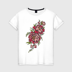 Женская футболка хлопок с принтом Пионы в Тюмени, 100% хлопок | прямой крой, круглый вырез горловины, длина до линии бедер, слегка спущенное плечо | paeonia | китай | нежность | пионы | символ | царь цветов | цветы