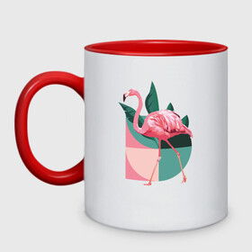 Кружка двухцветная с принтом Розовый фламинго в Тюмени, керамика | объем — 330 мл, диаметр — 80 мм. Цветная ручка и кайма сверху, в некоторых цветах — вся внутренняя часть | геометрия | птица | растения | розовый | розовый фламинго | фламинго | шея