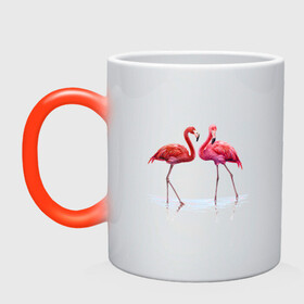 Кружка хамелеон с принтом Фламинго пара в Тюмени, керамика | меняет цвет при нагревании, емкость 330 мл | Тематика изображения на принте: пара | птицы | розовые птицы | фламинго | фламинго пара