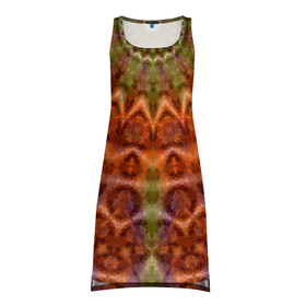 Платье-майка 3D с принтом Оранжево-оливковый калейдоскоп в Тюмени, 100% полиэстер | полуприлегающий силуэт, широкие бретели, круглый вырез горловины, удлиненный подол сзади. | калейдоскоп | коричневый | круглый орнамент | модный | мозаика | мозаичный узор | оливковый | оранжевый | орнамент | этнический