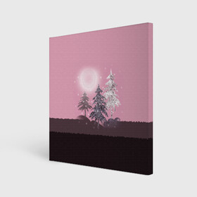 Холст квадратный с принтом Розовое сияние  в Тюмени, 100% ПВХ |  | елка | ель | зима | коричневый и розовый | лес | луна | мозаика | мозаичный узор | новогодний | розовый | солнце | утро