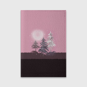 Обложка для паспорта матовая кожа с принтом Розовое сияние  в Тюмени, натуральная матовая кожа | размер 19,3 х 13,7 см; прозрачные пластиковые крепления | елка | ель | зима | коричневый и розовый | лес | луна | мозаика | мозаичный узор | новогодний | розовый | солнце | утро