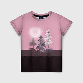 Детская футболка 3D с принтом Розовое сияние  в Тюмени, 100% гипоаллергенный полиэфир | прямой крой, круглый вырез горловины, длина до линии бедер, чуть спущенное плечо, ткань немного тянется | Тематика изображения на принте: елка | ель | зима | коричневый и розовый | лес | луна | мозаика | мозаичный узор | новогодний | розовый | солнце | утро