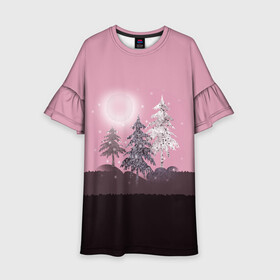 Детское платье 3D с принтом Розовое сияние  в Тюмени, 100% полиэстер | прямой силуэт, чуть расширенный к низу. Круглая горловина, на рукавах — воланы | Тематика изображения на принте: елка | ель | зима | коричневый и розовый | лес | луна | мозаика | мозаичный узор | новогодний | розовый | солнце | утро
