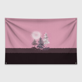 Флаг-баннер с принтом Розовое сияние  в Тюмени, 100% полиэстер | размер 67 х 109 см, плотность ткани — 95 г/м2; по краям флага есть четыре люверса для крепления | елка | ель | зима | коричневый и розовый | лес | луна | мозаика | мозаичный узор | новогодний | розовый | солнце | утро