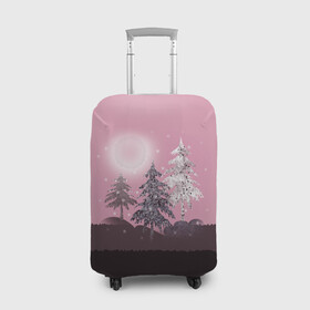Чехол для чемодана 3D с принтом Розовое сияние  в Тюмени, 86% полиэфир, 14% спандекс | двустороннее нанесение принта, прорези для ручек и колес | елка | ель | зима | коричневый и розовый | лес | луна | мозаика | мозаичный узор | новогодний | розовый | солнце | утро