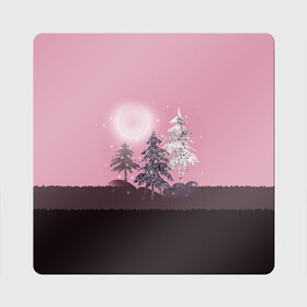 Магнит виниловый Квадрат с принтом Розовое сияние  в Тюмени, полимерный материал с магнитным слоем | размер 9*9 см, закругленные углы | елка | ель | зима | коричневый и розовый | лес | луна | мозаика | мозаичный узор | новогодний | розовый | солнце | утро