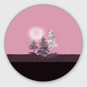 Коврик для мышки круглый с принтом Розовое сияние  в Тюмени, резина и полиэстер | круглая форма, изображение наносится на всю лицевую часть | елка | ель | зима | коричневый и розовый | лес | луна | мозаика | мозаичный узор | новогодний | розовый | солнце | утро