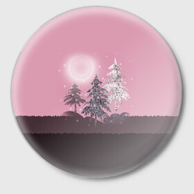 Значок с принтом Розовое сияние  в Тюмени,  металл | круглая форма, металлическая застежка в виде булавки | Тематика изображения на принте: елка | ель | зима | коричневый и розовый | лес | луна | мозаика | мозаичный узор | новогодний | розовый | солнце | утро