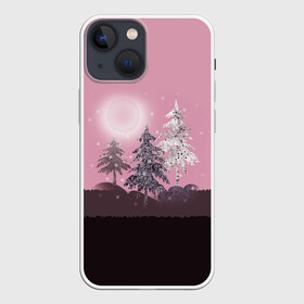 Чехол для iPhone 13 mini с принтом Розовое сияние в Тюмени,  |  | елка | ель | зима | коричневый и розовый | лес | луна | мозаика | мозаичный узор | новогодний | розовый | солнце | утро