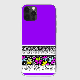 Чехол для iPhone 12 Pro с принтом Яркий фиолетовый цветочный  в Тюмени, силикон | область печати: задняя сторона чехла, без боковых панелей | Тематика изображения на принте: детский | женский | кайма | лето | разноцветные ромашки | ромашки | фиолетовый | фиолетовый и желтый | цветочный узор | цветы