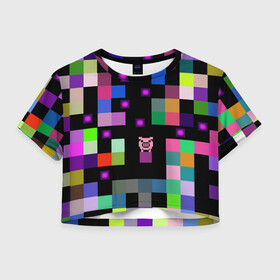 Женская футболка Crop-top 3D с принтом Arcade Pig в Тюмени, 100% полиэстер | круглая горловина, длина футболки до линии талии, рукава с отворотами | аркада | аркадная игра | мозайка из пикселей | разноцветные квадраты | свинка | свинья на кубе | цифровые кубики
