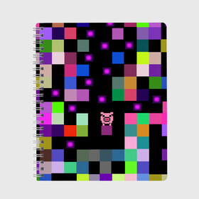 Тетрадь с принтом Arcade Pig в Тюмени, 100% бумага | 48 листов, плотность листов — 60 г/м2, плотность картонной обложки — 250 г/м2. Листы скреплены сбоку удобной пружинной спиралью. Уголки страниц и обложки скругленные. Цвет линий — светло-серый
 | Тематика изображения на принте: аркада | аркадная игра | мозайка из пикселей | разноцветные квадраты | свинка | свинья на кубе | цифровые кубики