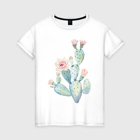 Женская футболка хлопок с принтом Нежный акварельный кактус  в Тюмени, 100% хлопок | прямой крой, круглый вырез горловины, длина до линии бедер, слегка спущенное плечо | Тематика изображения на принте: акварель | кактус | колючий | нежный акварельный кактус | растение | цветок
