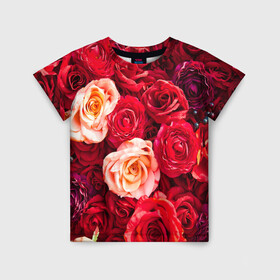 Детская футболка 3D с принтом Букет роз в Тюмени, 100% гипоаллергенный полиэфир | прямой крой, круглый вырез горловины, длина до линии бедер, чуть спущенное плечо, ткань немного тянется | Тематика изображения на принте: большие | букет | девушкам | красивые | пышные | розы | цветы | яркие