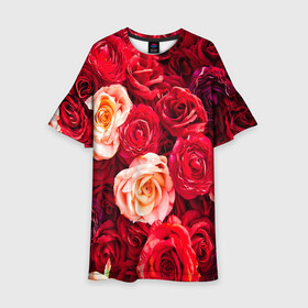Детское платье 3D с принтом Букет роз в Тюмени, 100% полиэстер | прямой силуэт, чуть расширенный к низу. Круглая горловина, на рукавах — воланы | Тематика изображения на принте: большие | букет | девушкам | красивые | пышные | розы | цветы | яркие