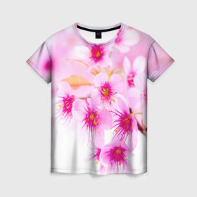 Женская футболка 3D с принтом Весеннее цветение вишни в Тюмени, 100% полиэфир ( синтетическое хлопкоподобное полотно) | прямой крой, круглый вырез горловины, длина до линии бедер | бутоны | весна | девушкам | красивые | розовые | сакура | цветение | цветы | яблоня