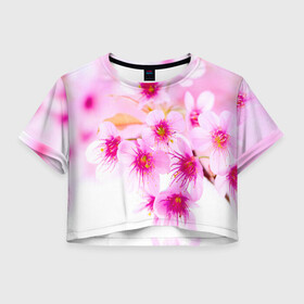 Женская футболка Crop-top 3D с принтом Весеннее цветение вишни в Тюмени, 100% полиэстер | круглая горловина, длина футболки до линии талии, рукава с отворотами | Тематика изображения на принте: бутоны | весна | девушкам | красивые | розовые | сакура | цветение | цветы | яблоня