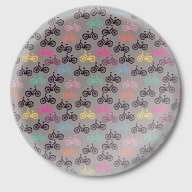 Значок с принтом Цветные велосипеды паттерн в Тюмени,  металл | круглая форма, металлическая застежка в виде булавки | велосипеды | велоспорт | горные велосипеды | паттерн | спортивные велосипеды | спортивный | цветной принт