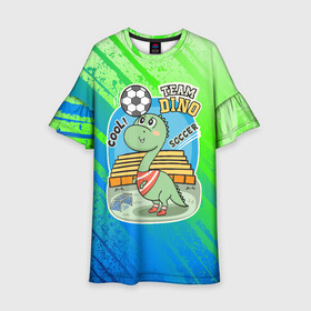 Детское платье 3D с принтом Динозаврик футболист в Тюмени, 100% полиэстер | прямой силуэт, чуть расширенный к низу. Круглая горловина, на рукавах — воланы | Тематика изображения на принте: soccer | дино | динозавр | динозаврик | мячик | футбол