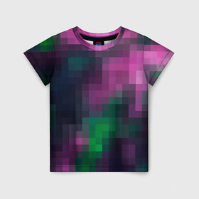 Детская футболка 3D с принтом Разноцветный геометрический уз в Тюмени, 100% гипоаллергенный полиэфир | прямой крой, круглый вырез горловины, длина до линии бедер, чуть спущенное плечо, ткань немного тянется | абстрактный | геометрический | зеленый | квадраты | клетка | клетчатый узор | молодежный | сиреневый | фиолетовый