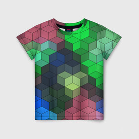 Детская футболка 3D с принтом Разноцветный геометрический уз в Тюмени, 100% гипоаллергенный полиэфир | прямой крой, круглый вырез горловины, длина до линии бедер, чуть спущенное плечо, ткань немного тянется | абстрактный | зеленый | молодежный | разноцветный узор | ромбы | синий | текстура