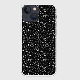 Чехол для iPhone 13 mini с принтом Черно белый спортивный узор в Тюмени,  |  | клюшка | лук | молодежный | монохромный | мяч | поло | ракетка | спортивный инвентарь | стрелы