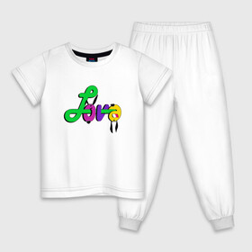 Детская пижама хлопок с принтом Яркая разноцветная любовь в Тюмени, 100% хлопок |  брюки и футболка прямого кроя, без карманов, на брюках мягкая резинка на поясе и по низу штанин
 | Тематика изображения на принте: буквы | веселые буквы | веселый | веселый заяц | граффити | детский | для детей | заяц | иллюстрация | малышам | текст
