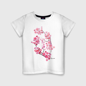 Детская футболка хлопок с принтом Цветение вишни в Тюмени, 100% хлопок | круглый вырез горловины, полуприлегающий силуэт, длина до линии бедер | ветки | веточка | вишня | сакура | цветение вишни | цветы