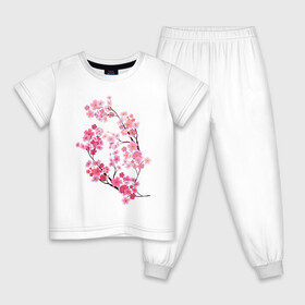 Детская пижама хлопок с принтом Цветение вишни в Тюмени, 100% хлопок |  брюки и футболка прямого кроя, без карманов, на брюках мягкая резинка на поясе и по низу штанин
 | Тематика изображения на принте: ветки | веточка | вишня | сакура | цветение вишни | цветы