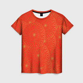 Женская футболка 3D с принтом ЗОЛОТЫЕ ХРИЗАНТЕМЫ | ПАТТЕРН в Тюмени, 100% полиэфир ( синтетическое хлопкоподобное полотно) | прямой крой, круглый вырез горловины, длина до линии бедер | japan | pattern | золото | орнамент | паттерн | растение | традиционный | хризантема | цветок | цветы | япония | японский орнамент | японский паттерн