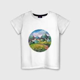 Детская футболка хлопок с принтом Акварельные поля и тропинка в Тюмени, 100% хлопок | круглый вырез горловины, полуприлегающий силуэт, длина до линии бедер | акварель | деревня | дома | зеленый | круг | лето | поля | рисунок