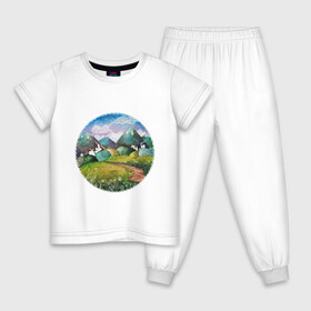 Детская пижама хлопок с принтом Акварельные поля и тропинка в Тюмени, 100% хлопок |  брюки и футболка прямого кроя, без карманов, на брюках мягкая резинка на поясе и по низу штанин
 | акварель | деревня | дома | зеленый | круг | лето | поля | рисунок