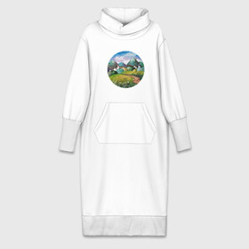 Платье удлиненное хлопок с принтом Акварельные поля и тропинка в Тюмени,  |  | акварель | деревня | дома | зеленый | круг | лето | поля | рисунок